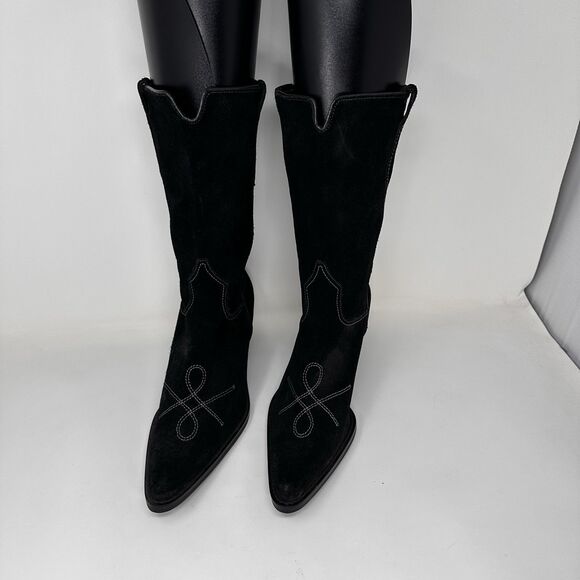 franco sarto Black Suede Riding Boots Leather Mid 8.5 Floor Display Old Money - Picture 5 of 9